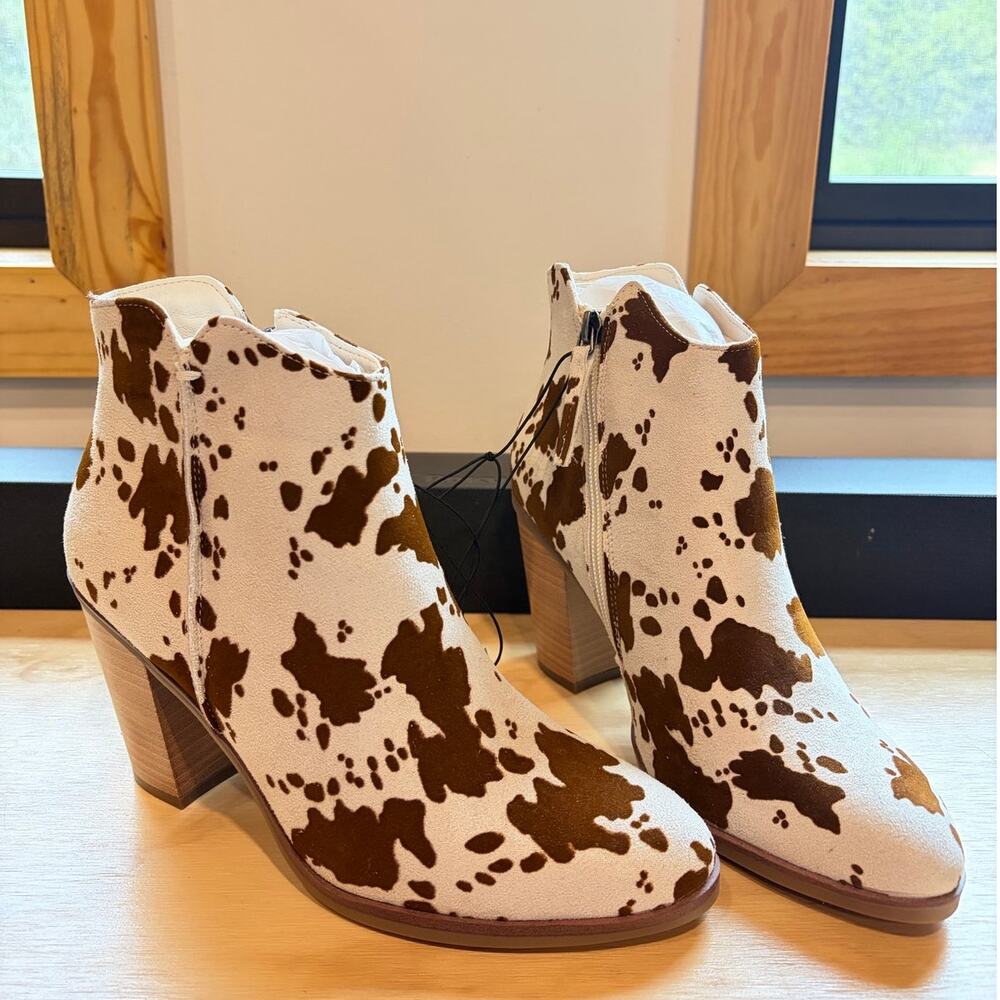 Maurices faux suede brown cow print heeled ankle boots